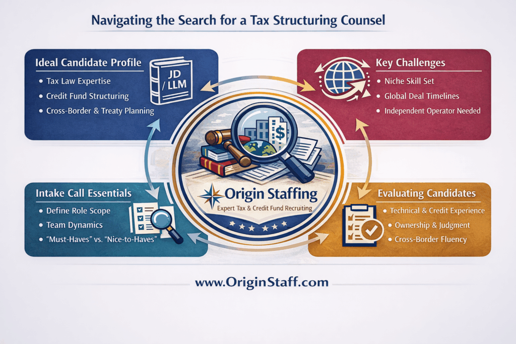 Origin Staffing recruiting framework for running a Tax Structuring Counsel agency search for complex credit investment fund - infographic