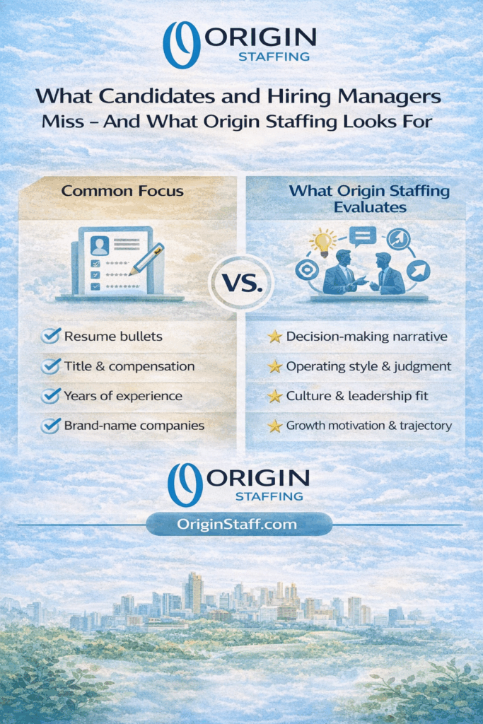 Comparison graphic showing how Origin Staffing evaluates candidates beyond resumes, focusing on decision-making narrative, judgment, culture fit, and growth potential.