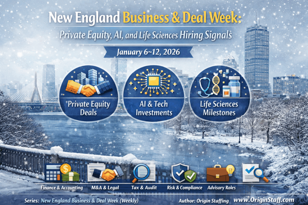 Winter-themed Boston skyline infographic for Origin Staffing’s New England Business & Deal Week (Jan 6–12, 2026) covering private equity, AI, and life sciences hiring signals