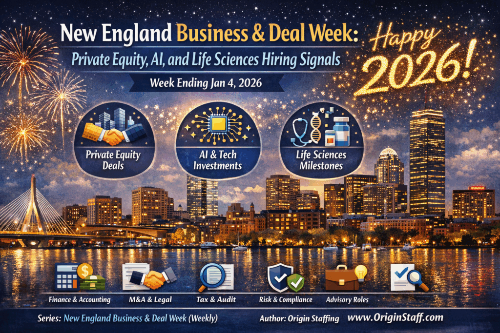 Origin Staffing infographic: New England Business & Deal Week—private equity deals, AI/tech investments, life sciences hiring signals; week ending Jan 4, 2026.