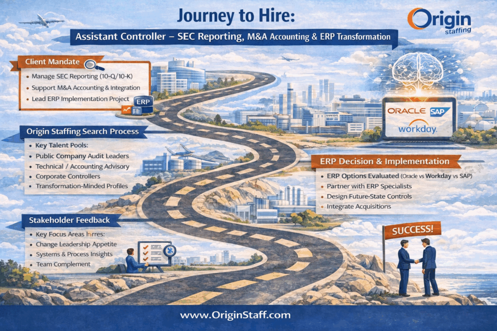 Origin Staffing infographic: Assistant Controller SEC reporting, M&A integration and ERP transformation search journey.