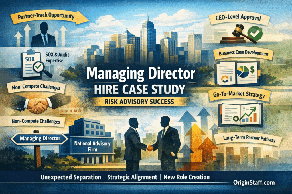 Origin Staffing featured image showing a Managing Director Risk Advisory hire case study, highlighting non-compete challenges, go-to-market strategy, and CEO approval.