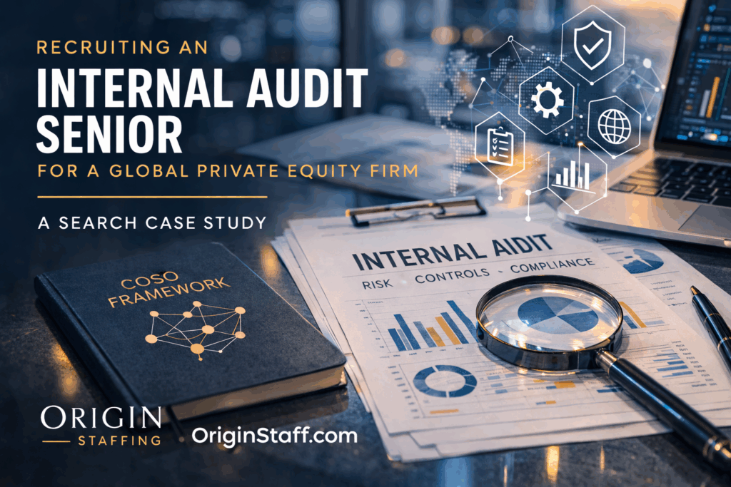 Origin Staffing case study graphic showing recruitment of an Internal Audit Senior for a global private equity firm, highlighting COSO framework and internal audit risk methodology.