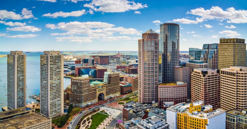 Aerial View of the financial district in downtown Boston - many of the largest firms are headquartered here